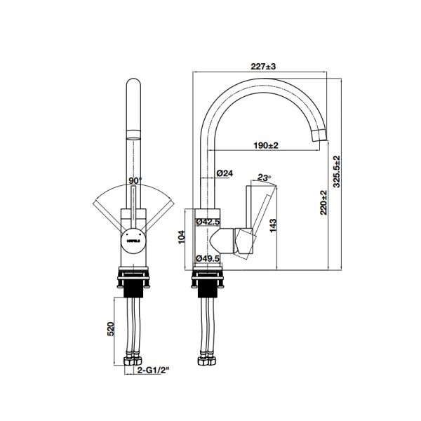 bản vẽ kỹ thuật Vòi bếp màu xám Hafele HT21-CH1F220C 577.56.500