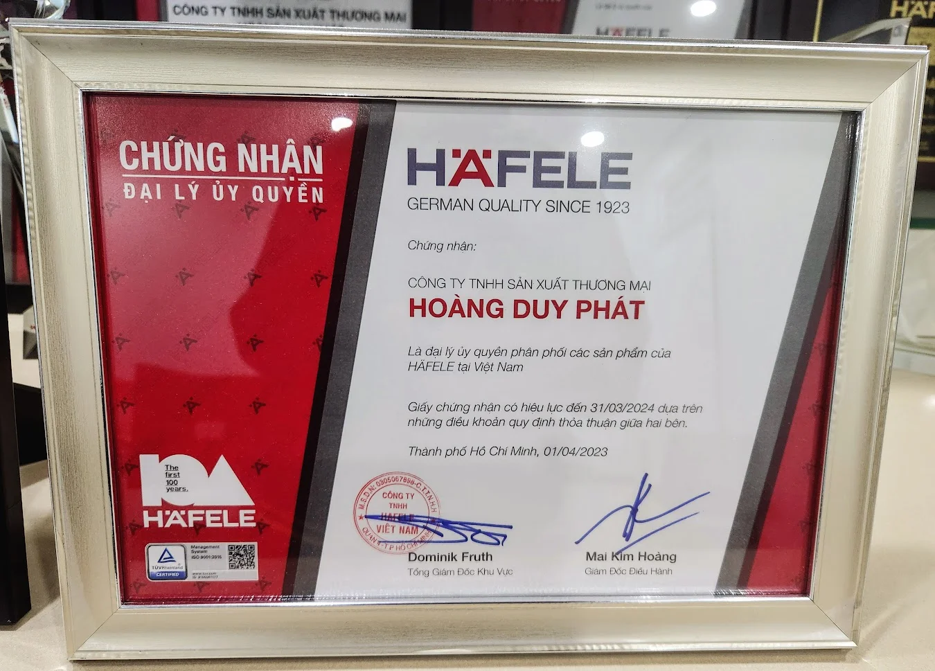 Chứng nhận đại lý & nhà phân phối Hafele 2023-2024